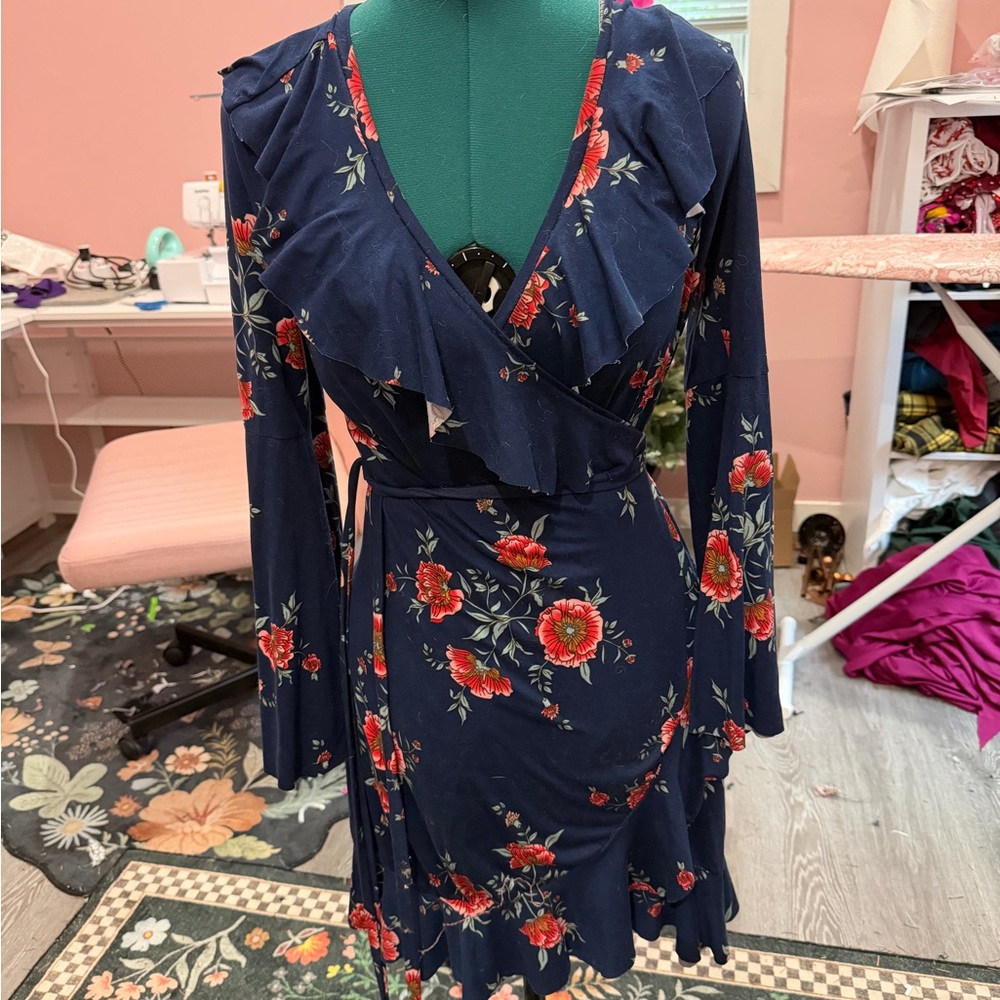 OOAK handmade Floral Wrap Dress with Ruffle Detail